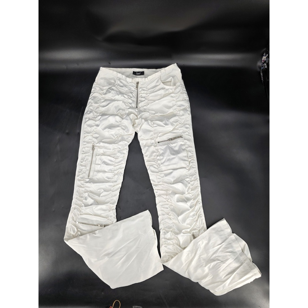 VTG Y2K Seven7 Express Cargo Pants White Satin Ruched Low Rise Flare Leg Sz 26